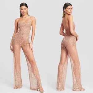 NWT RETROFETE Axel Sequined Jumpsuit Nude Silver Sheer Embellished Large L NEW